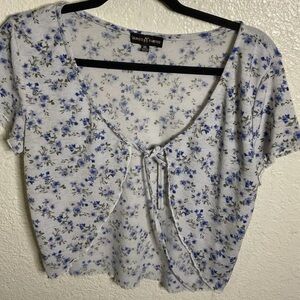 Almost Famous White & Blue Floral Tie-Front Crop Top